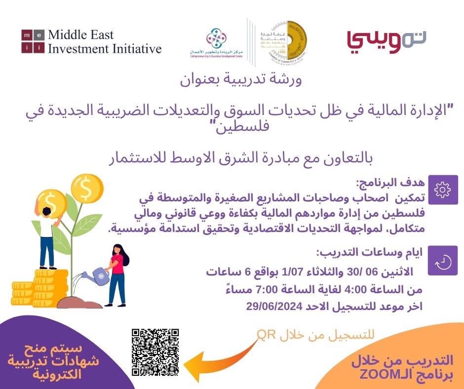 تدعوكم غرفة تجارة وصناعة محافظة رام الله والبيرة / مركز الريادة وتطوير الأعمال وبالتعاون مع مبادرة الشرق الأوسط للاستثمار Tamweeli Palestine  للتسجيل في دورة الإدارة المالية